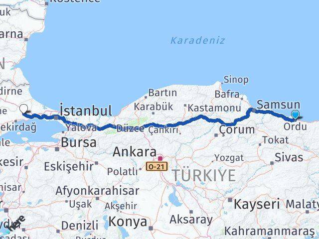 Ordu Çorlu Tekirdağ Arası Kaç Km - Yol Haritası