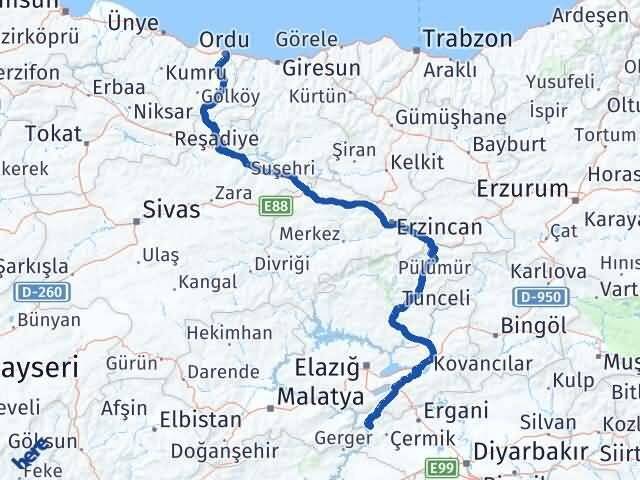 Ordu Çüngüş Diyarbakır Arası Kaç Km - Yol Haritası