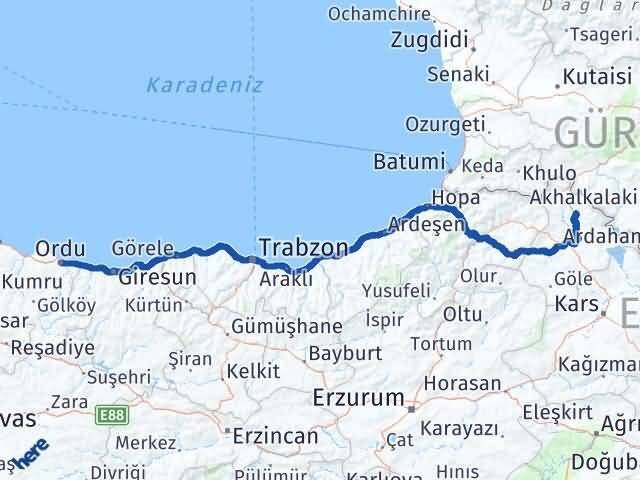 Ordu Damal Ardahan Arası Kaç Km - Yol Haritası