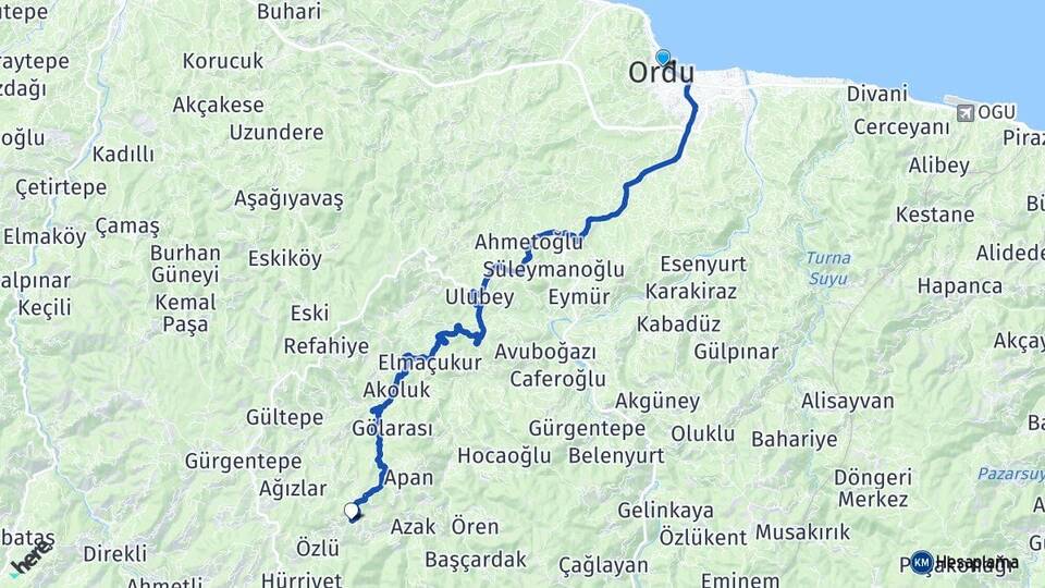 Ordu Damarlı Gölköy Arası Kaç Km - Yol Haritası
