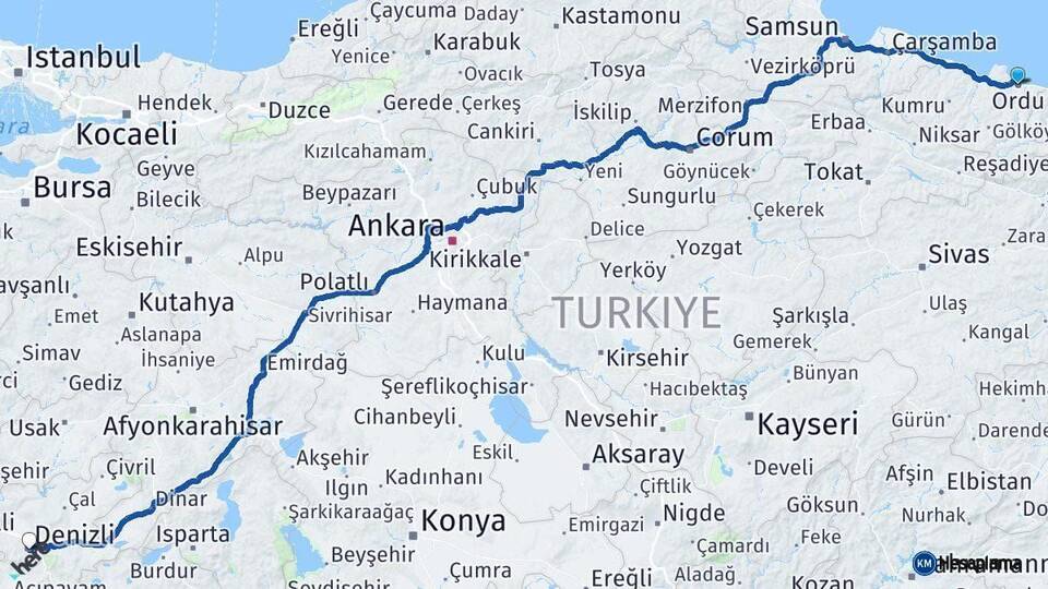 Ordu Denizli Arası Kaç Km - Yol Haritası