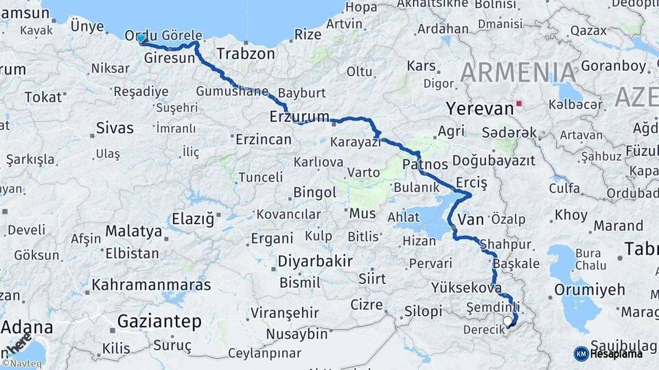 Ordu Derecik Hakkari Arası Kaç Km - Yol Haritası
