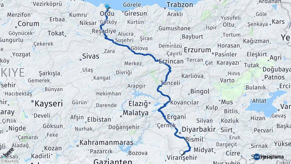 Ordu Derik Mardin Arası Kaç Km - Yol Haritası