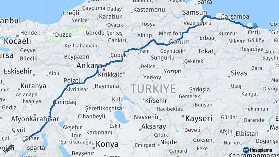Ordu Dinar Afyonkarahisar Arası Kaç Km - Yol Haritası