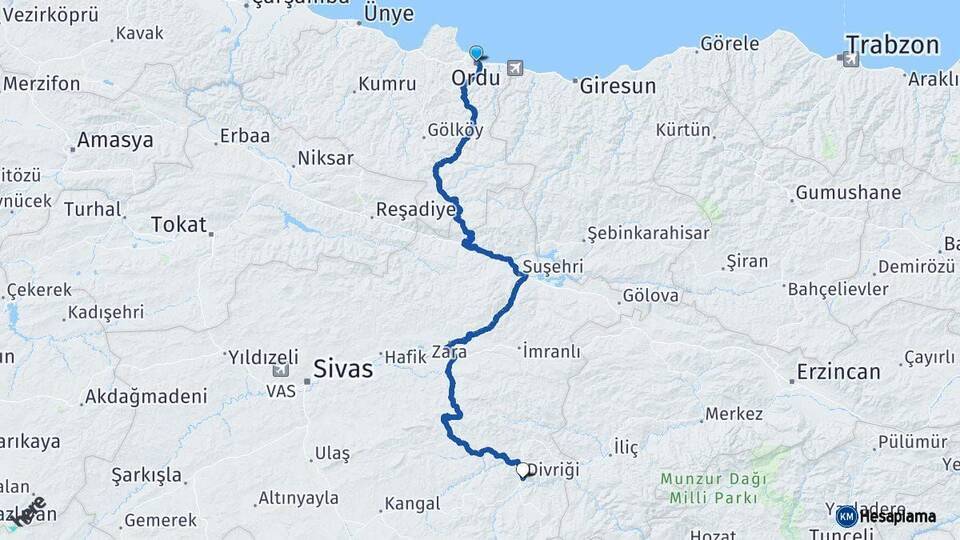 Ordu Divriği Sivas Arası Kaç Km - Yol Haritası