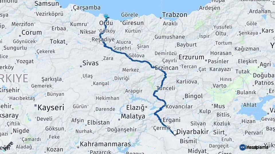 Ordu Diyarbakır Arası Kaç Km - Yol Haritası