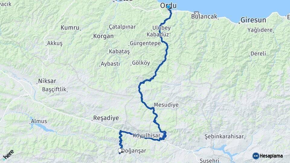 Ordu Doğanşar Sivas Arası Kaç Km - Yol Haritası