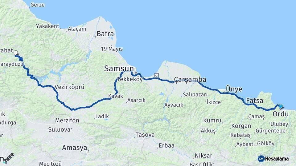 Ordu Durağan Sinop Arası Kaç Km - Yol Haritası