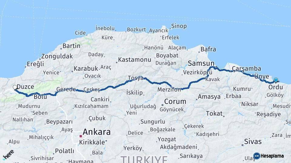 Ordu Düzce Arası Kaç Km - Yol Haritası