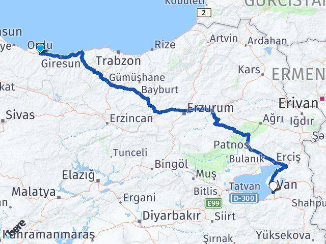 Ordu Edremit Van Arası Kaç Km - Yol Haritası