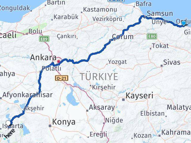 Ordu Eğirdir Isparta Arası Kaç Km - Yol Haritası