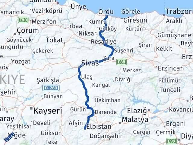 Ordu Elbistan Kahramanmaraş Arası Kaç Km - Yol Haritası