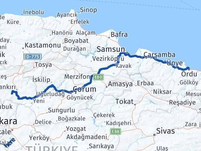 Ordu Eldivan Çankırı Arası Kaç Km - Yol Haritası