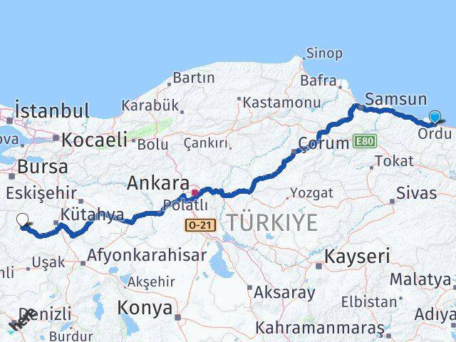 Ordu Emet Kütahya Arası Kaç Km - Yol Haritası