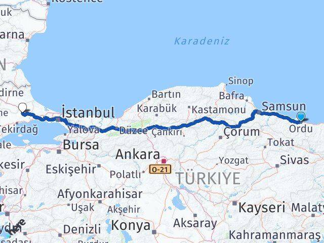 Ordu Ergene Tekirdağ Arası Kaç Km - Yol Haritası
