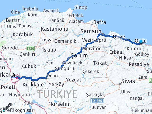 Ordu Eryaman Etimesgut Ankara Arası Kaç Km - Yol Haritası
