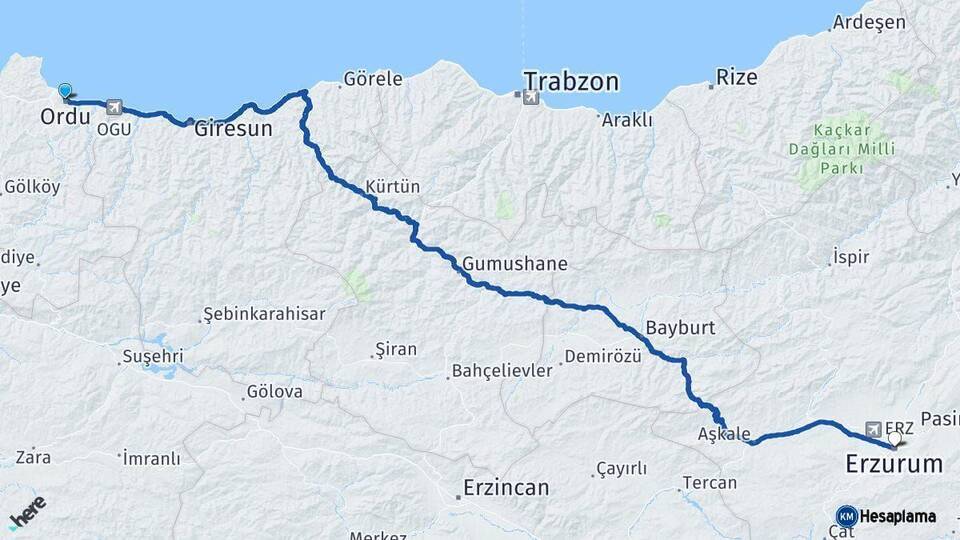 Ordu Erzurum Arası Kaç Km - Yol Haritası
