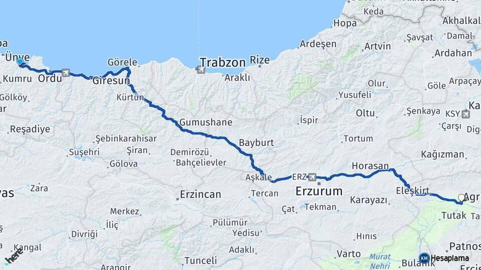 Ordu Fatsa Ağrı Arası Kaç Km - Yol Haritası