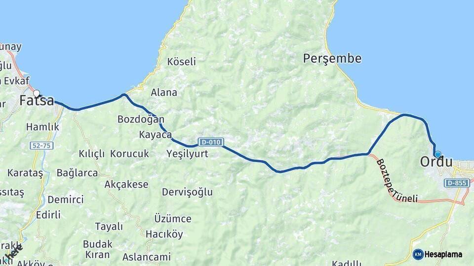 Ordu Fatsa Arası Kaç Km - Yol Haritası