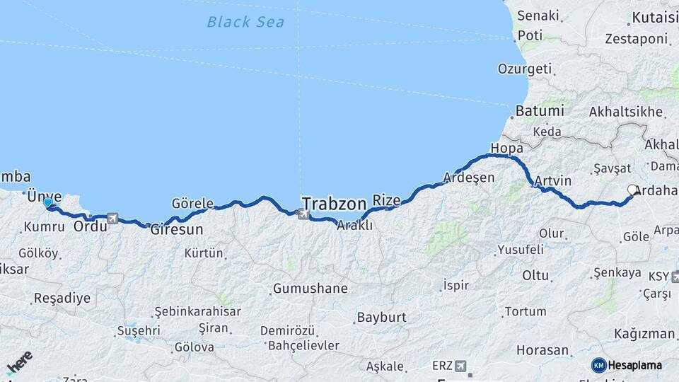 Ordu Fatsa Ardahan Arası Kaç Km - Yol Haritası