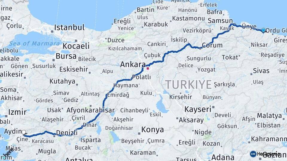 Ordu Fatsa Aydın Arası Kaç Km - Yol Haritası