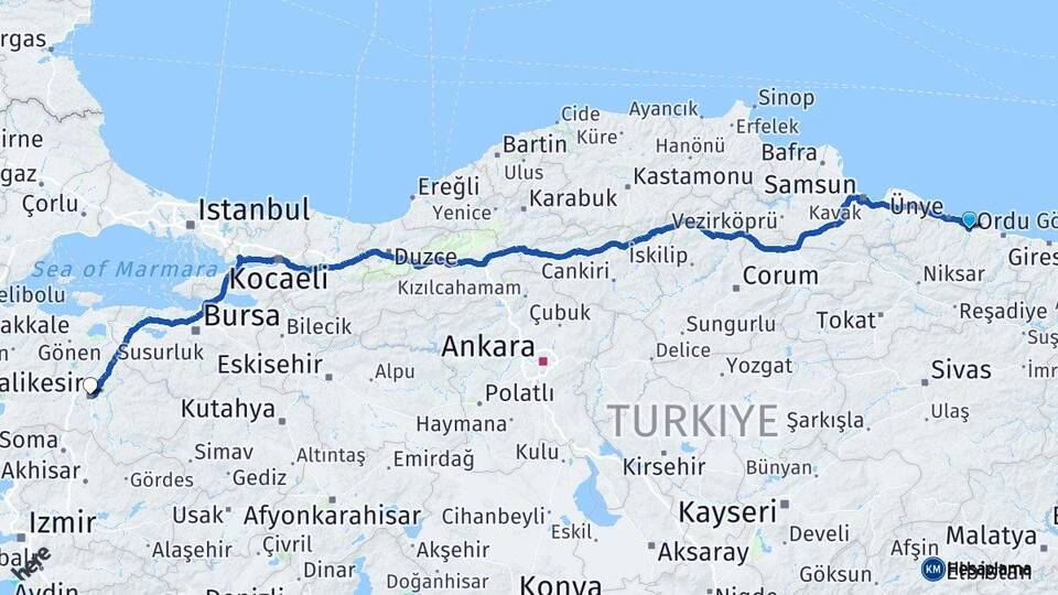 Ordu Fatsa Balıkesir Arası Kaç Km - Yol Haritası