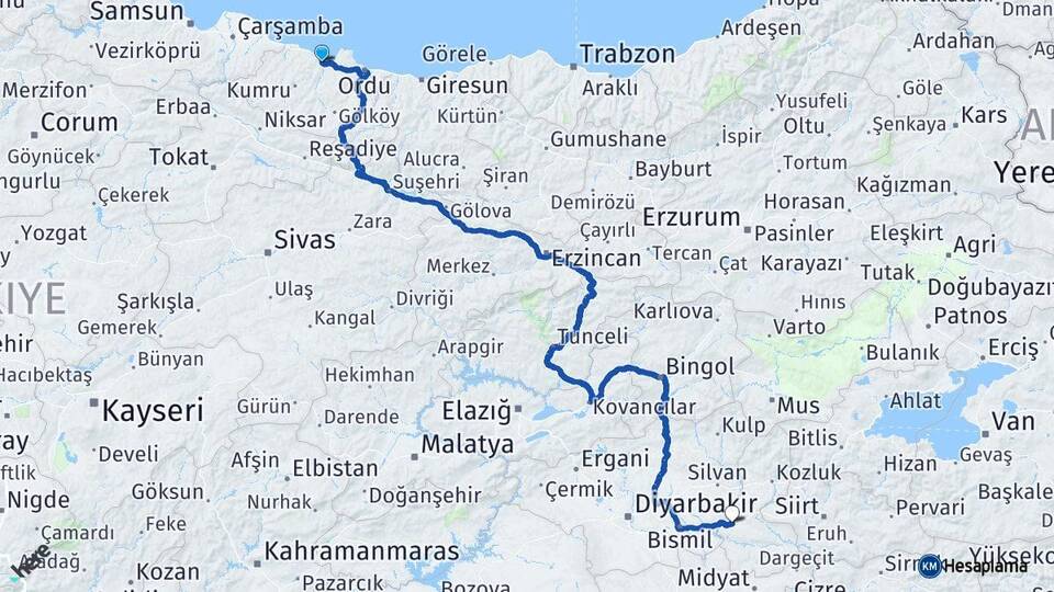 Ordu Fatsa Batman Arası Kaç Km - Yol Haritası