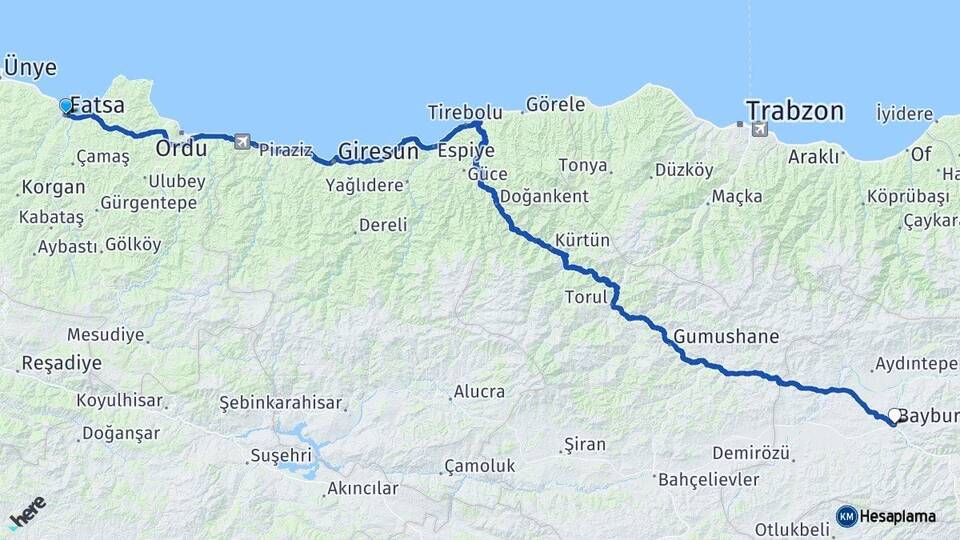 Ordu Fatsa Bayburt Arası Kaç Km - Yol Haritası