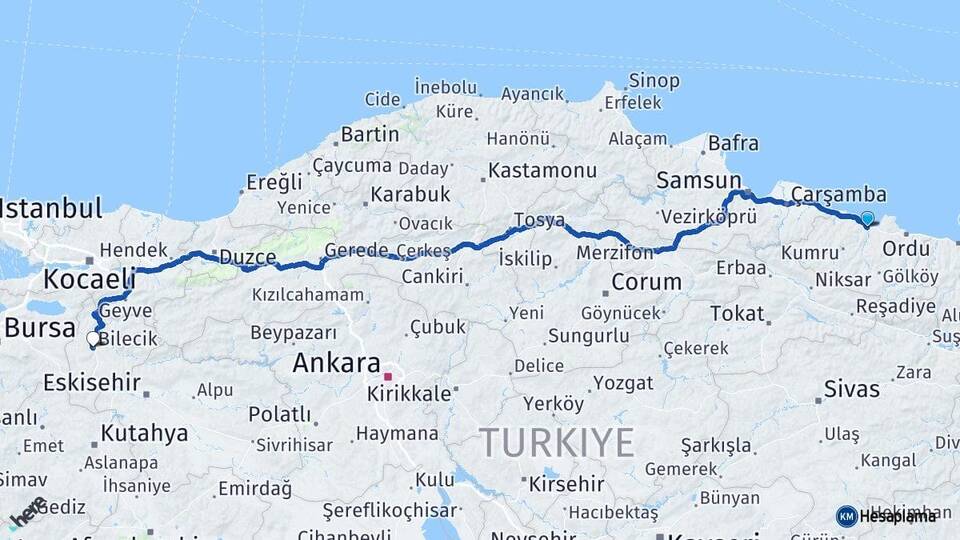 Ordu Fatsa Bilecik Arası Kaç Km - Yol Haritası