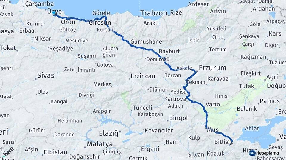 Ordu Fatsa Bitlis Arası Kaç Km - Yol Haritası