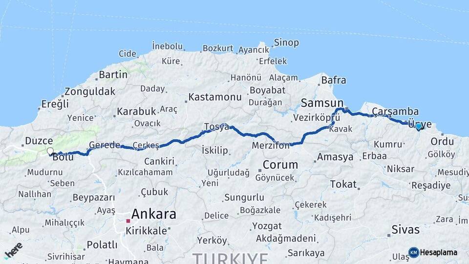 Ordu Fatsa Bolu Arası Kaç Km - Yol Haritası