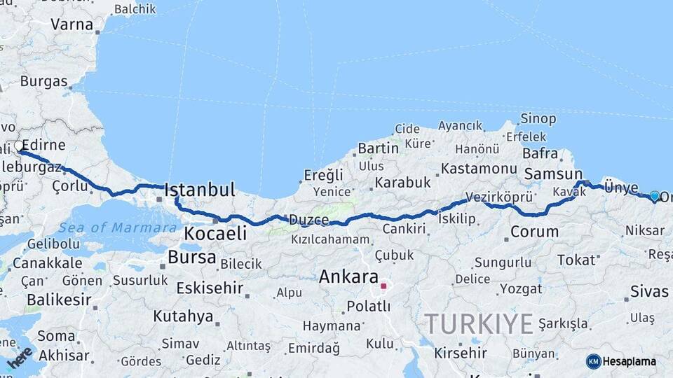 Ordu Fatsa Edirne Arası Kaç Km - Yol Haritası