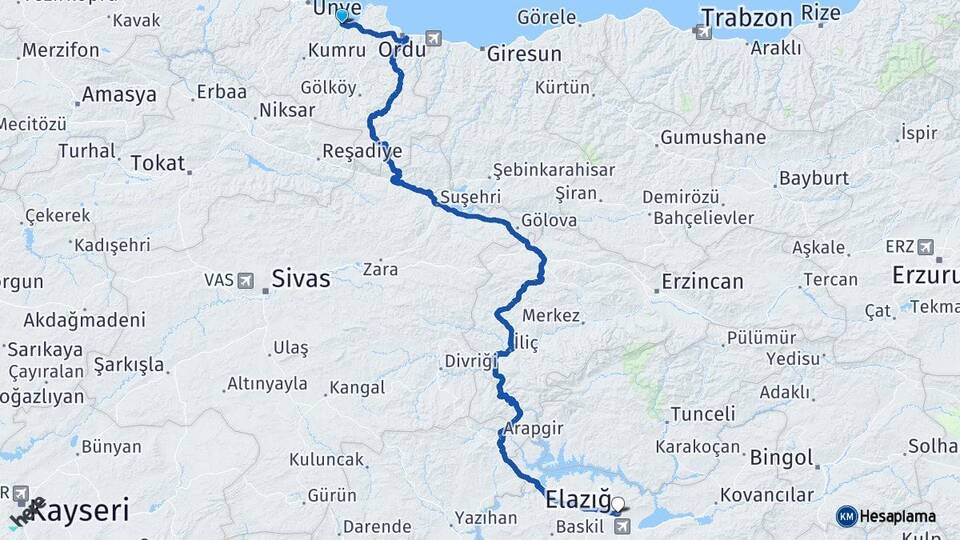 Ordu Fatsa Elazığ Arası Kaç Km - Yol Haritası