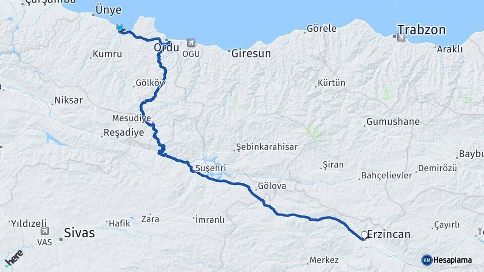 Ordu Fatsa Erzincan Arası Kaç Km - Yol Haritası