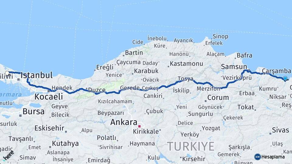 Ordu Fatsa Hadımköy Arnavutköy İstanbul Arası Kaç Km - Yol Haritası
