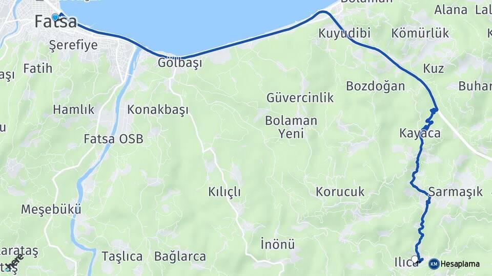 Ordu Fatsa Ilıca Fatsa Arası Kaç Km - Yol Haritası