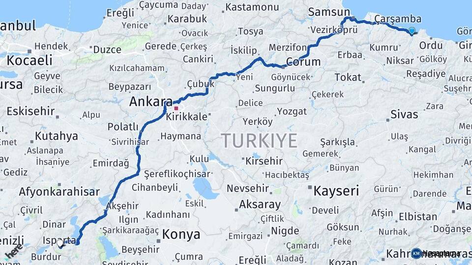 Ordu Fatsa Isparta Arası Kaç Km - Yol Haritası