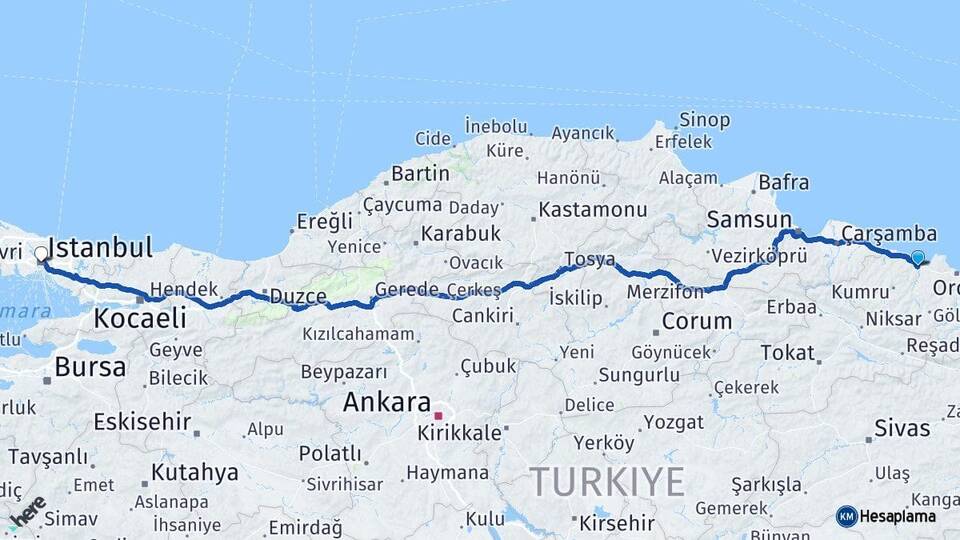 Ordu Fatsa İstanbul Arası Kaç Km - Yol Haritası