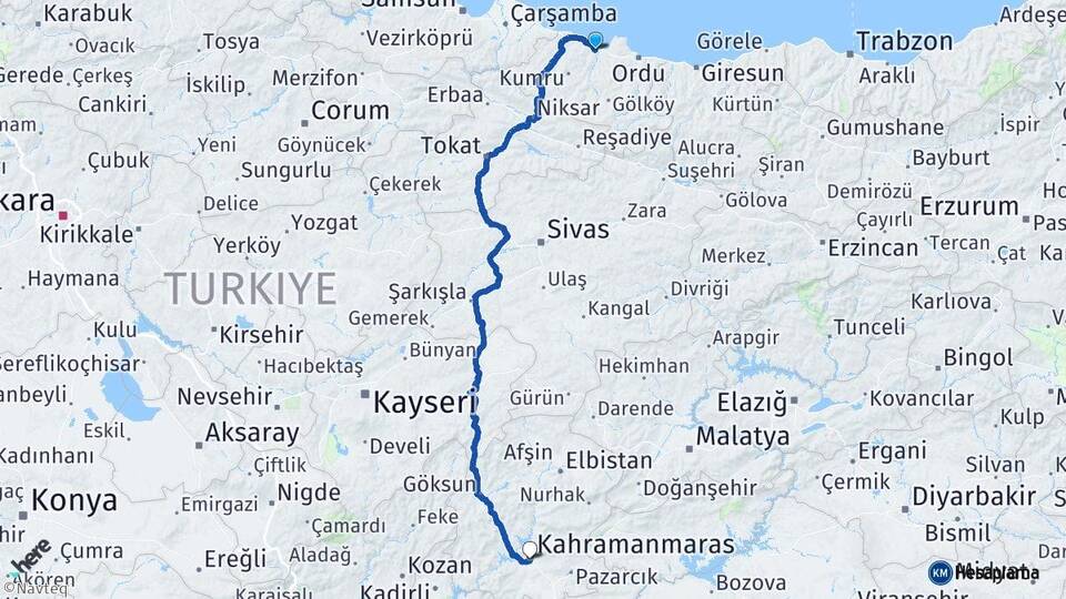 Ordu Fatsa Kahramanmaraş Arası Kaç Km - Yol Haritası