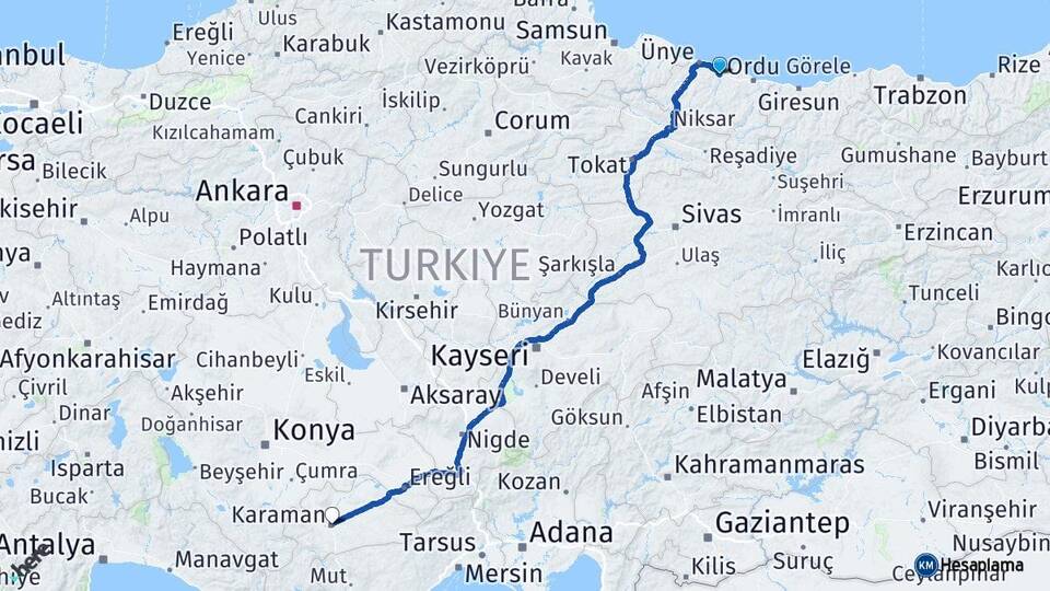 Ordu Fatsa Karaman Arası Kaç Km - Yol Haritası