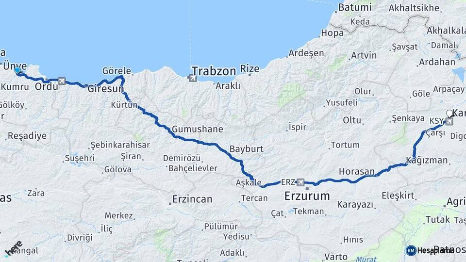 Ordu Fatsa Kars Arası Kaç Km - Yol Haritası