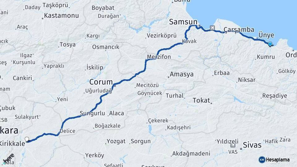 Ordu Fatsa Kırıkkale Arası Kaç Km - Yol Haritası