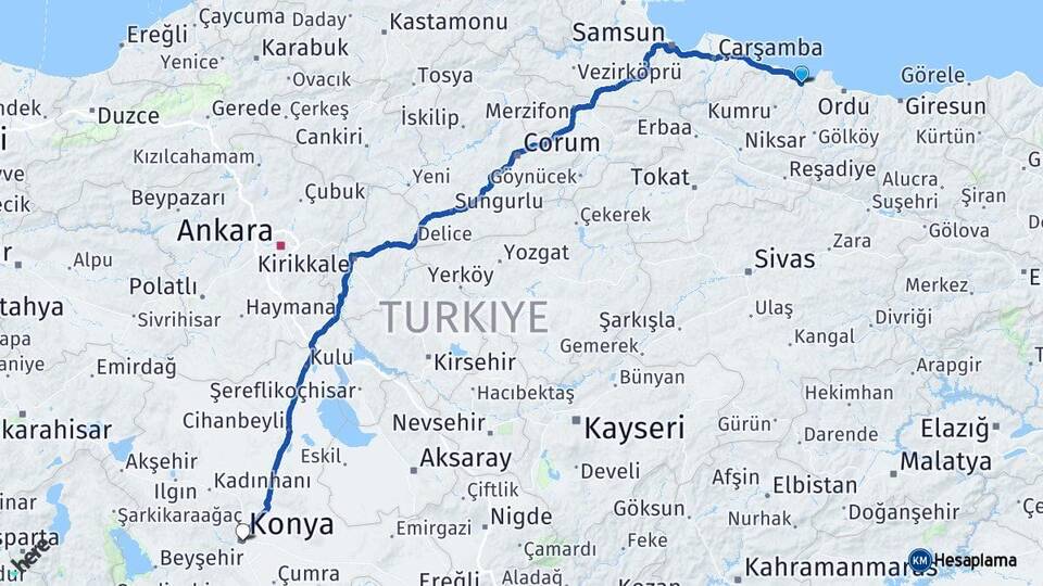 Ordu Fatsa Konya Arası Kaç Km - Yol Haritası