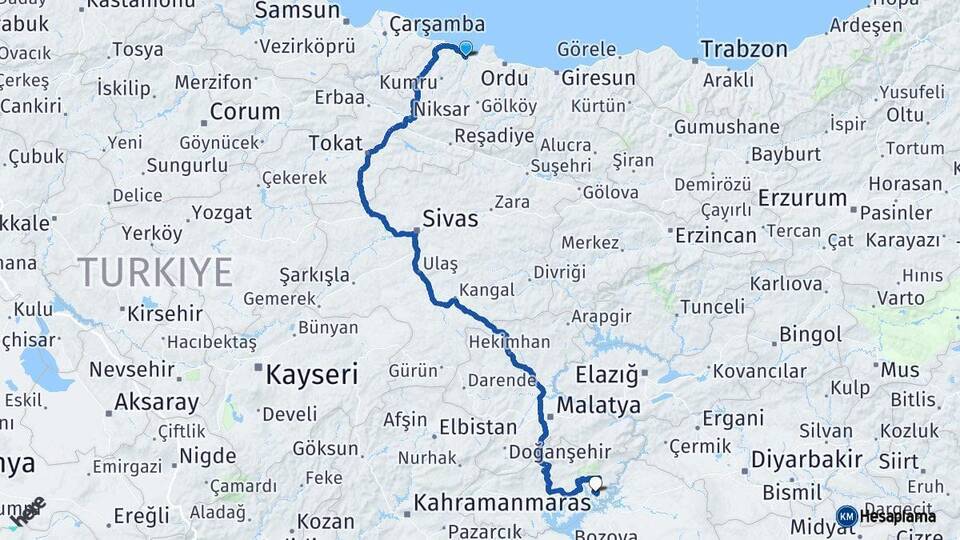 Ordu Fatsa Menzil Kahta Adıyaman Arası Kaç Km - Yol Haritası