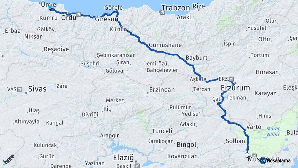 Ordu Fatsa Muş Arası Kaç Km - Yol Haritası