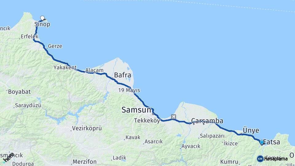 Ordu Fatsa Sinop Arası Kaç Km - Yol Haritası