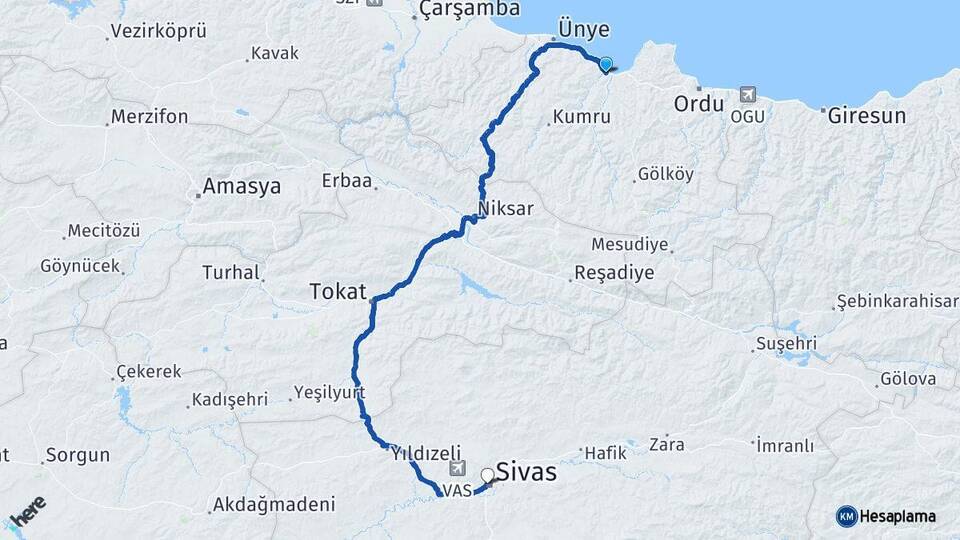 Ordu Fatsa Sivas Arası Kaç Km - Yol Haritası