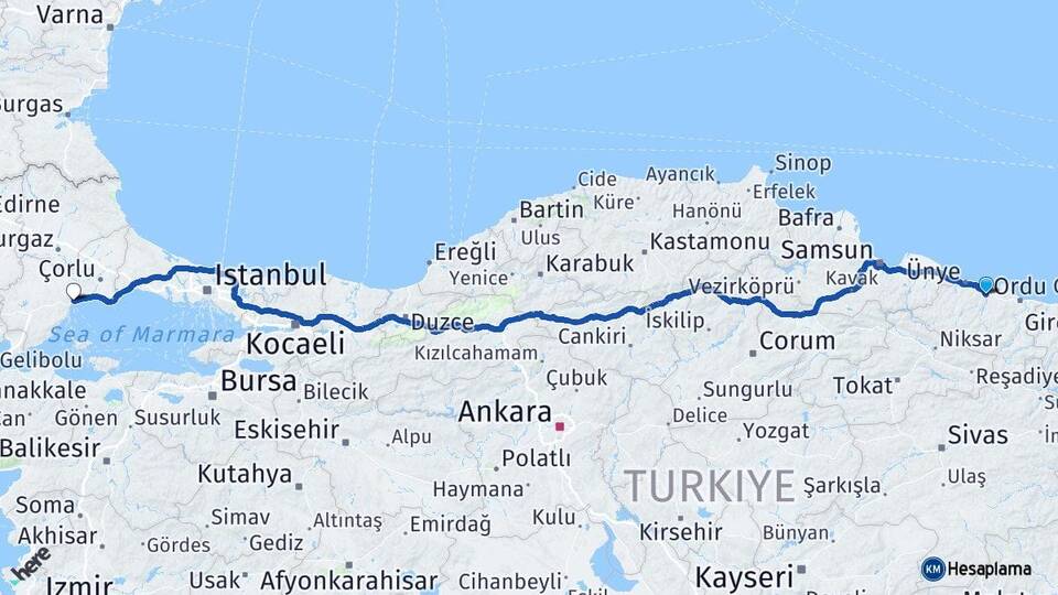 Ordu Fatsa Tekirdağ Arası Kaç Km - Yol Haritası