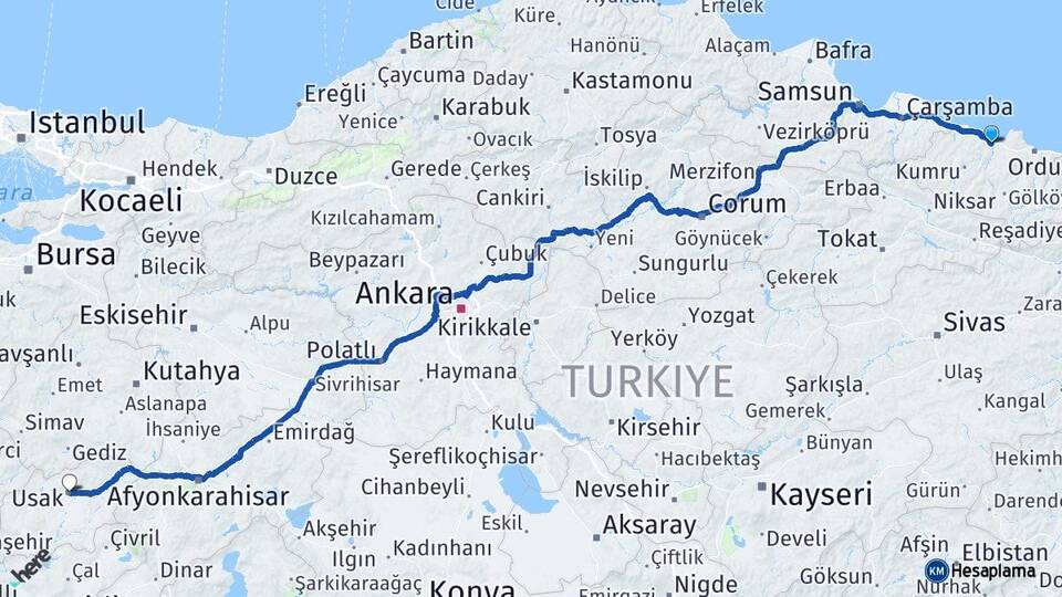 Ordu Fatsa Uşak Arası Kaç Km - Yol Haritası