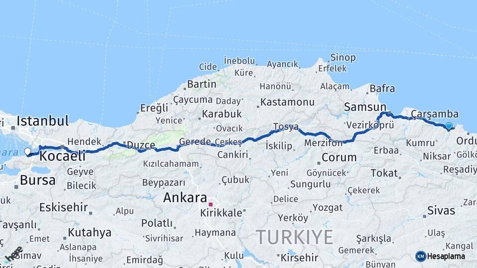 Ordu Fatsa Yalova Arası Kaç Km - Yol Haritası